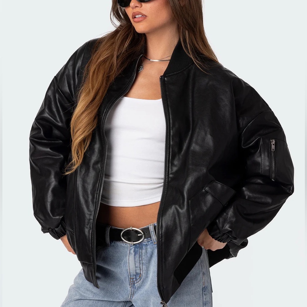 Edikted Faux Leather Oversized Bomber Jacket